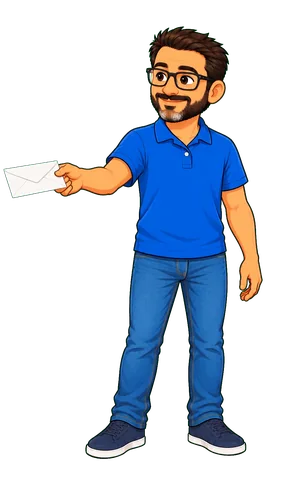 Personagem do pai oferecendo o envelope em direção ao convite